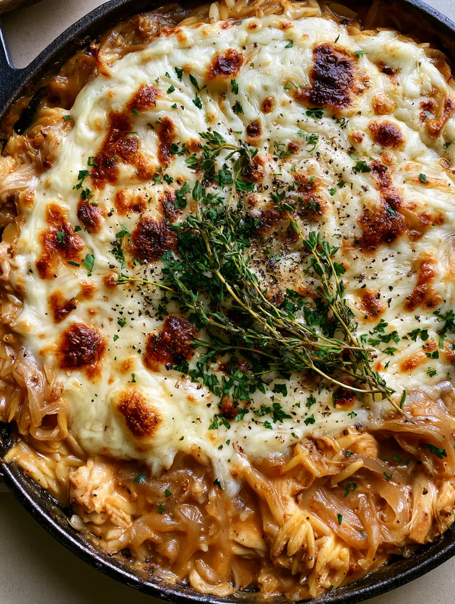 Close-up of French Onion Chicken Orzo showing the creamy gravy, rotisserie chicken, and golden charred cheese spots.