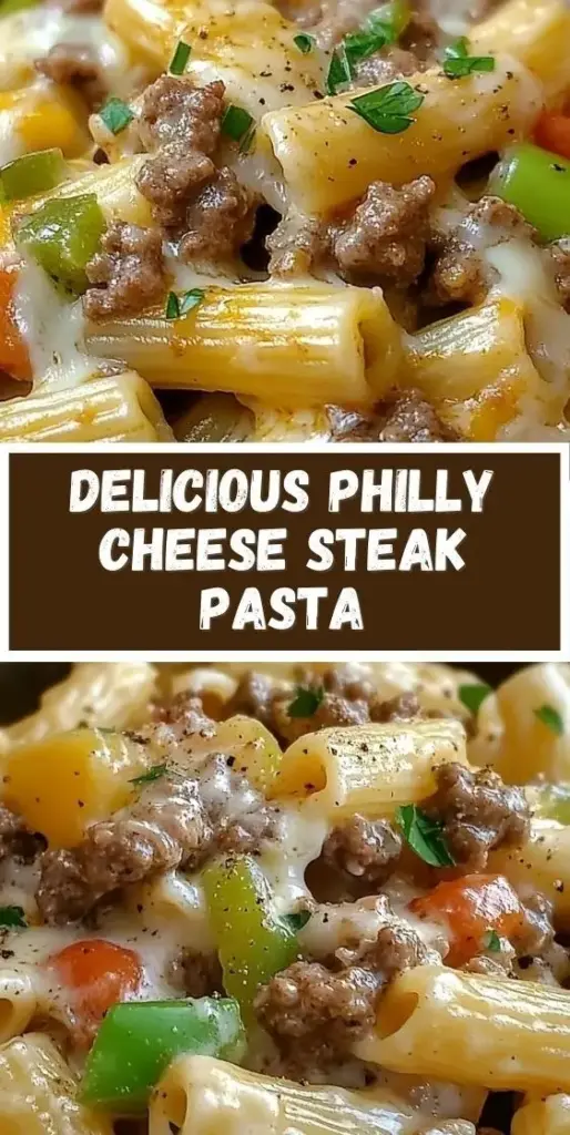 A black cast iron skillet filled with Philly Cheesesteak Pasta, featuring penne, seared ribeye, green peppers, and a glossy white sauce.
