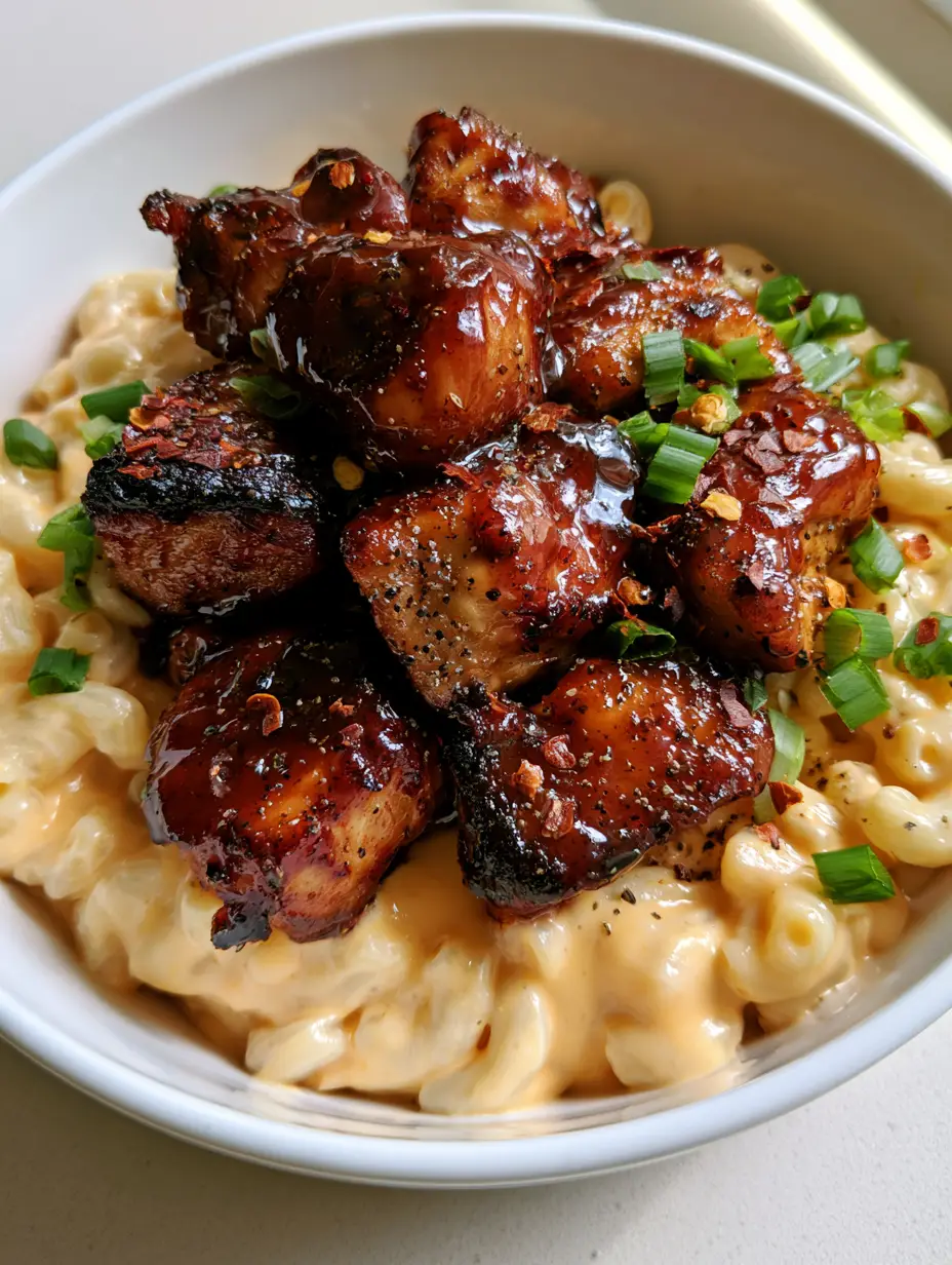 Honey Pepper Chicken Macaroni and Cheese: The Ultimate Sweet and Spicy Comfort Food 4 Bite-sized honey pepper chicken with charred edges on top of creamy macaroni and cheese. (Honey Pepper Chicken Macaroni and Cheese)