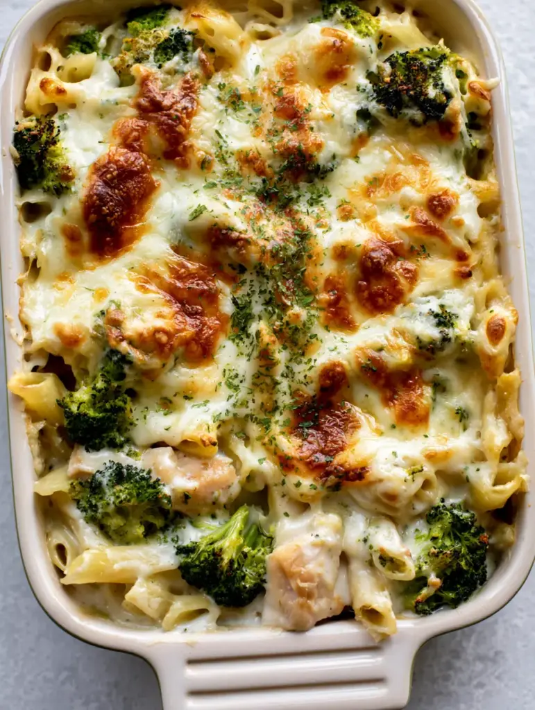 Chicken Primavera Pasta Bake: The Ultimate Cheesy Family Dinner 2 Close up of penne pasta and chicken in a thick white cream sauce inside a white baking dish (Chicken Primavera Pasta Bake).