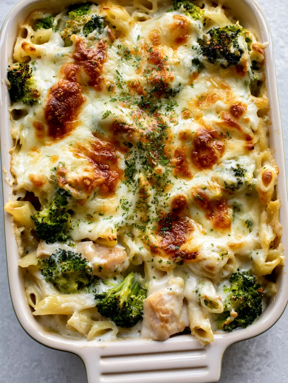 Chicken Primavera Pasta Bake: The Ultimate Cheesy Family Dinner 3 Close up of penne pasta and chicken in a thick white cream sauce inside a white baking dish (Chicken Primavera Pasta Bake).