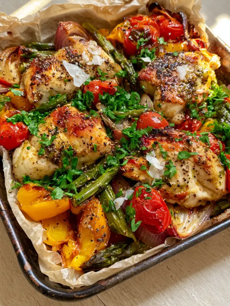 A high-angle view of roasted summer vegetables including green asparagus and caramelized yellow bell peppers on a parchment-lined pan.
