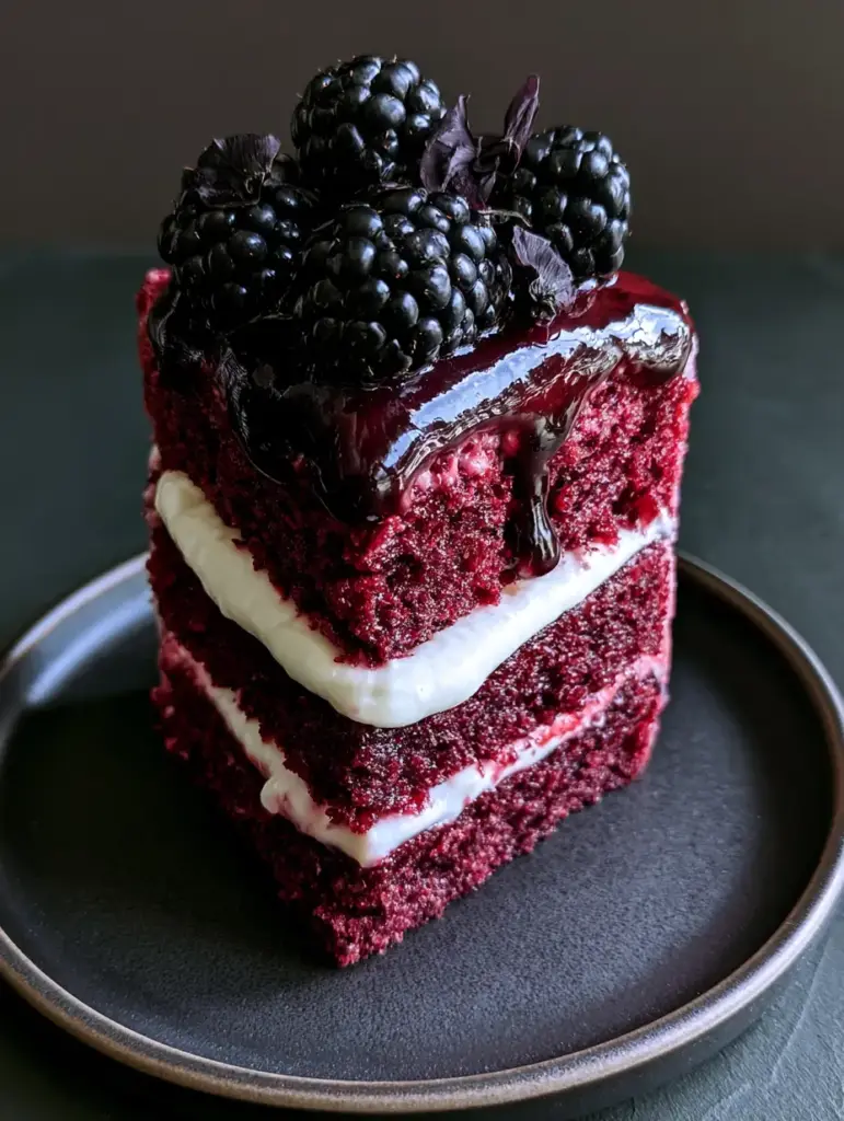 Blackberry Velvet Gothic Cake: A Dark & Dreamy Dessert Masterpiece 2 A macro shot of a Blackberry Velvet Gothic Cake slice with a moist crumb and glossy black glaze. (Blackberry Velvet Gothic Cake)