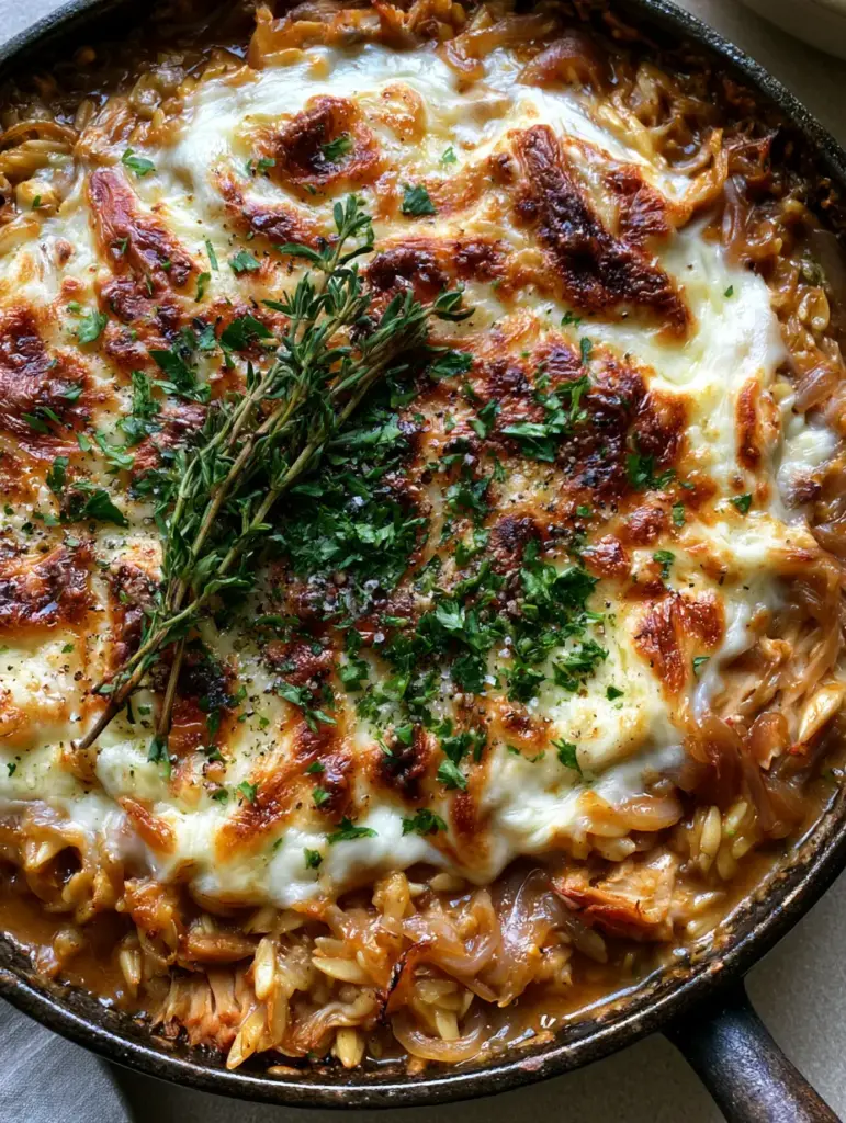 Overhead view of a black skillet featuring French Onion Chicken Orzo topped with melted white cheese and fresh herbs.
