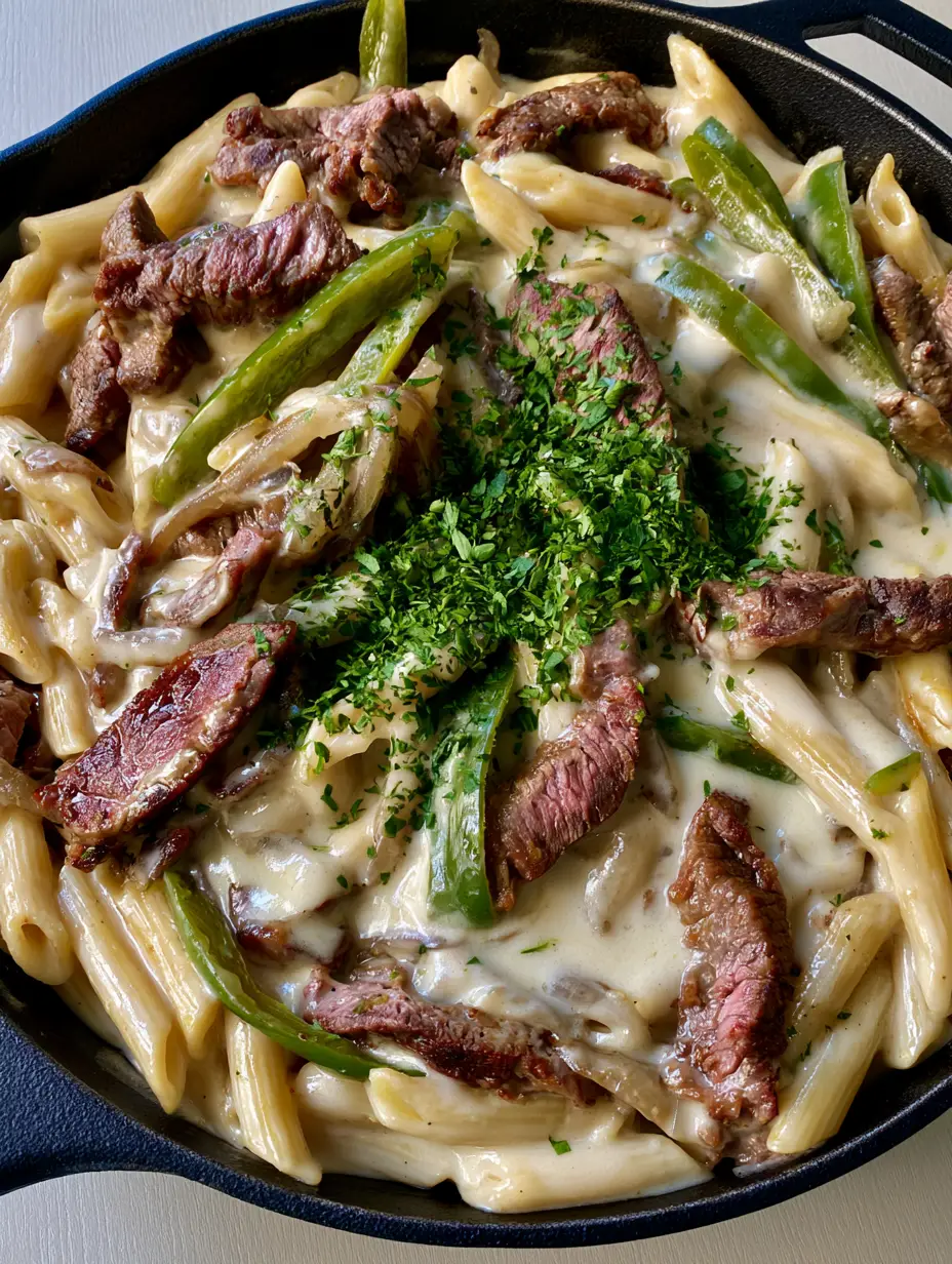 Close up of Philly Cheesesteak Pasta in a cast iron skillet showing browned edges of ribeye steak and green bell peppers.