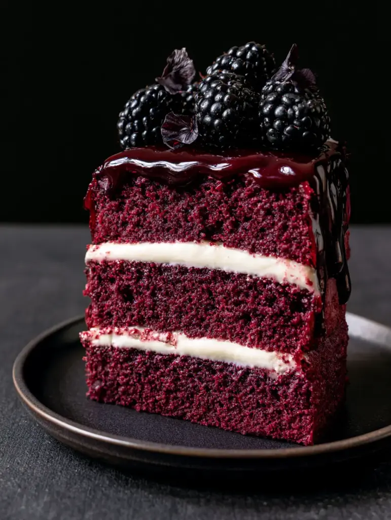 Blackberry Velvet Gothic Cake: A Dark & Dreamy Dessert Masterpiece 1 Side view of the three-layer Blackberry Velvet Gothic Cake slice showing the bright white filling.