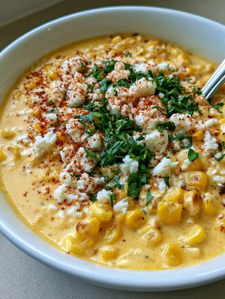 Mexican Street Corn Soup Crockpot: Creamy and Charred Elote Recipe 2 Close up of a silver spoon in a velvety yellow base of Mexican Street Corn Soup Crockpot with charred corn kernels.