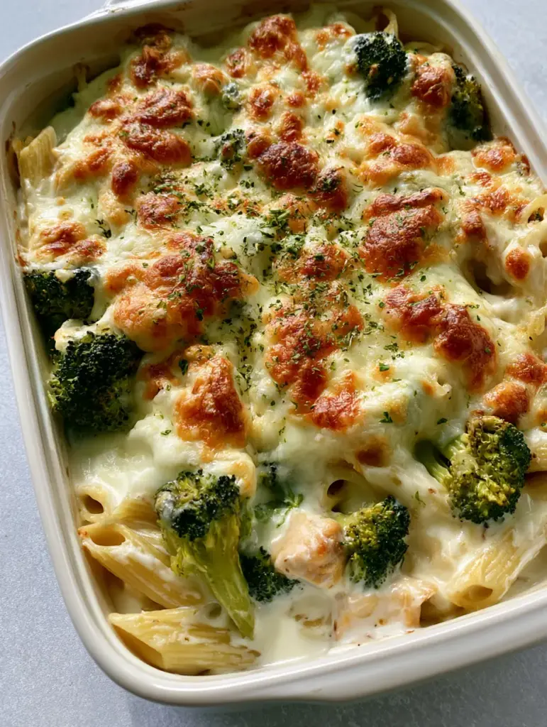Chicken Primavera Pasta Bake: The Ultimate Cheesy Family Dinner 1 Full view of a Chicken Primavera Pasta Bake with golden-brown toasted spots on the melted cheese and a sprinkling of parsley.