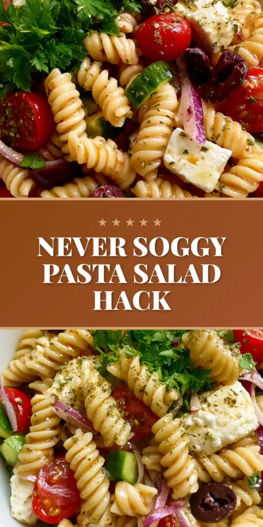 A high-angle macro shot of a summer pasta salad in a white ceramic bowl featuring rotini, cherry tomatoes, cucumbers, and large chunks of feta cheese.