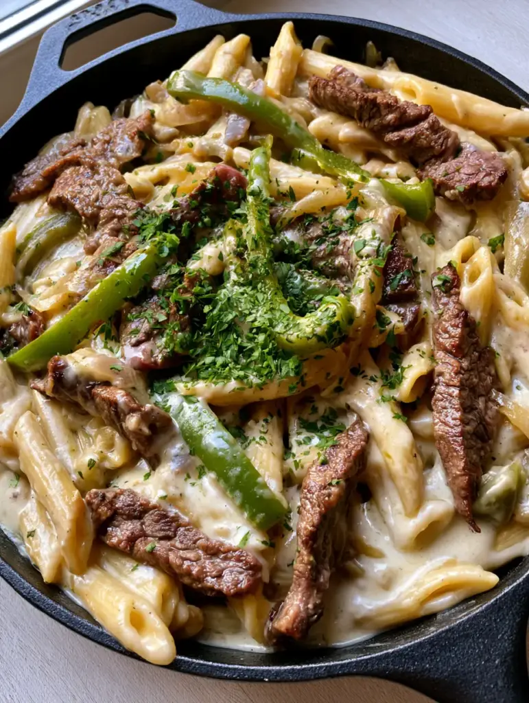 Overhead view of Philly Cheesesteak Pasta garnished with fresh parsley flakes on a neutral wooden surface.