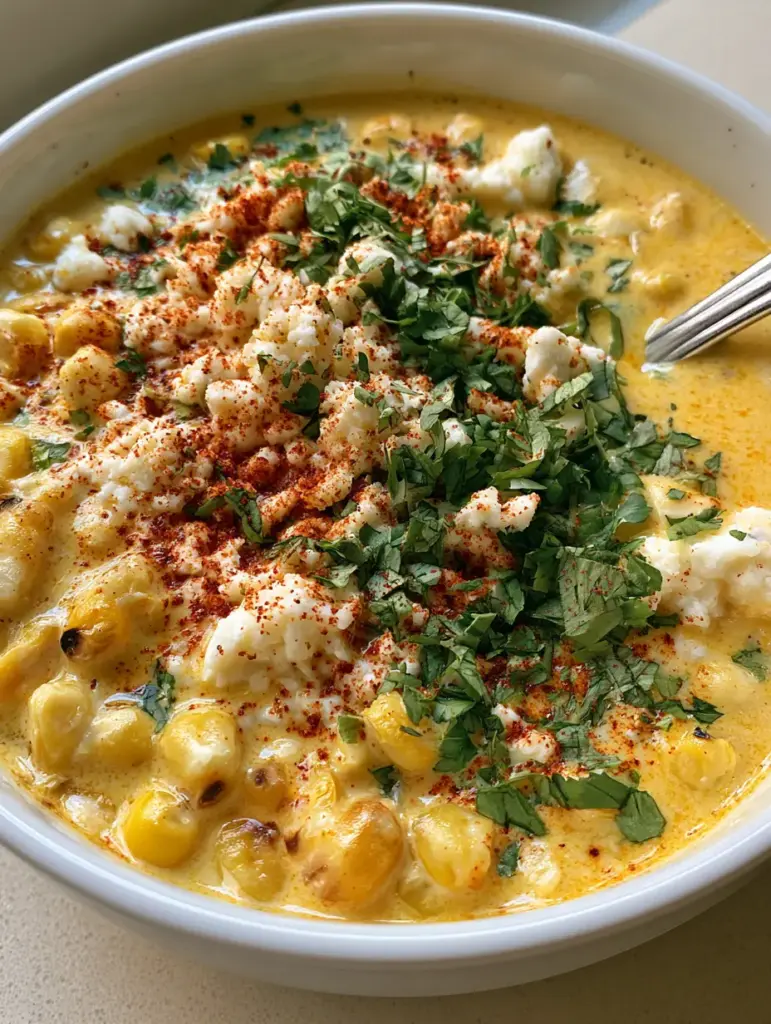 Mexican Street Corn Soup Crockpot: Creamy and Charred Elote Recipe 1 A top-down view of a white ceramic bowl showing the smoked paprika dusting and cotija garnish on Mexican Street Corn Soup Crockpot.