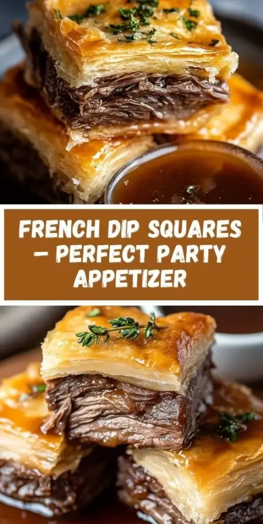 A stack of golden-brown French Dip Sliders with melted provolone and a side of dark brown au jus on a neutral plate.