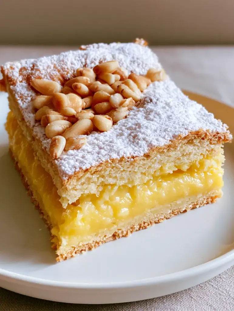 Italian Lemon Custard Cake: The Ultimate Creamy Torta della Nonna 2 A close-up slice of Italian Lemon Custard Cake on a white plate with golden-brown crust and pine nuts. (Italian Lemon Custard Cake)