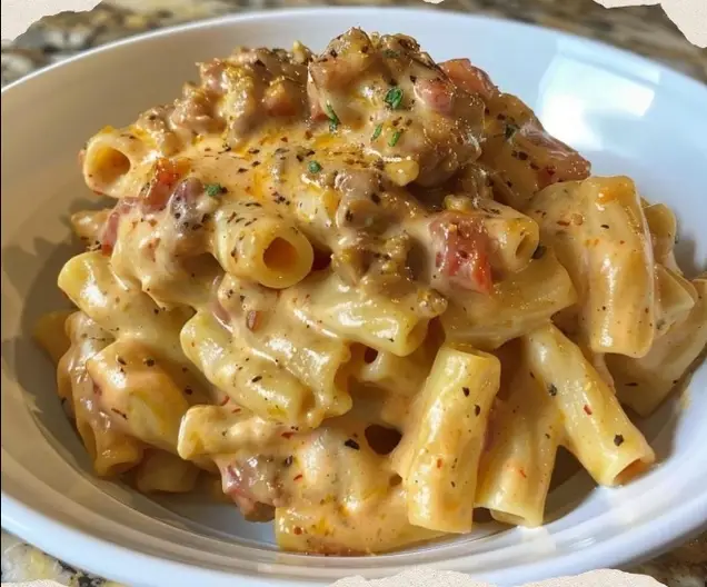 A top-down view of a white bowl filled with creamy Rotel Pasta Recipe featuring ground beef and green onions. (Rotel Pasta Recipe)