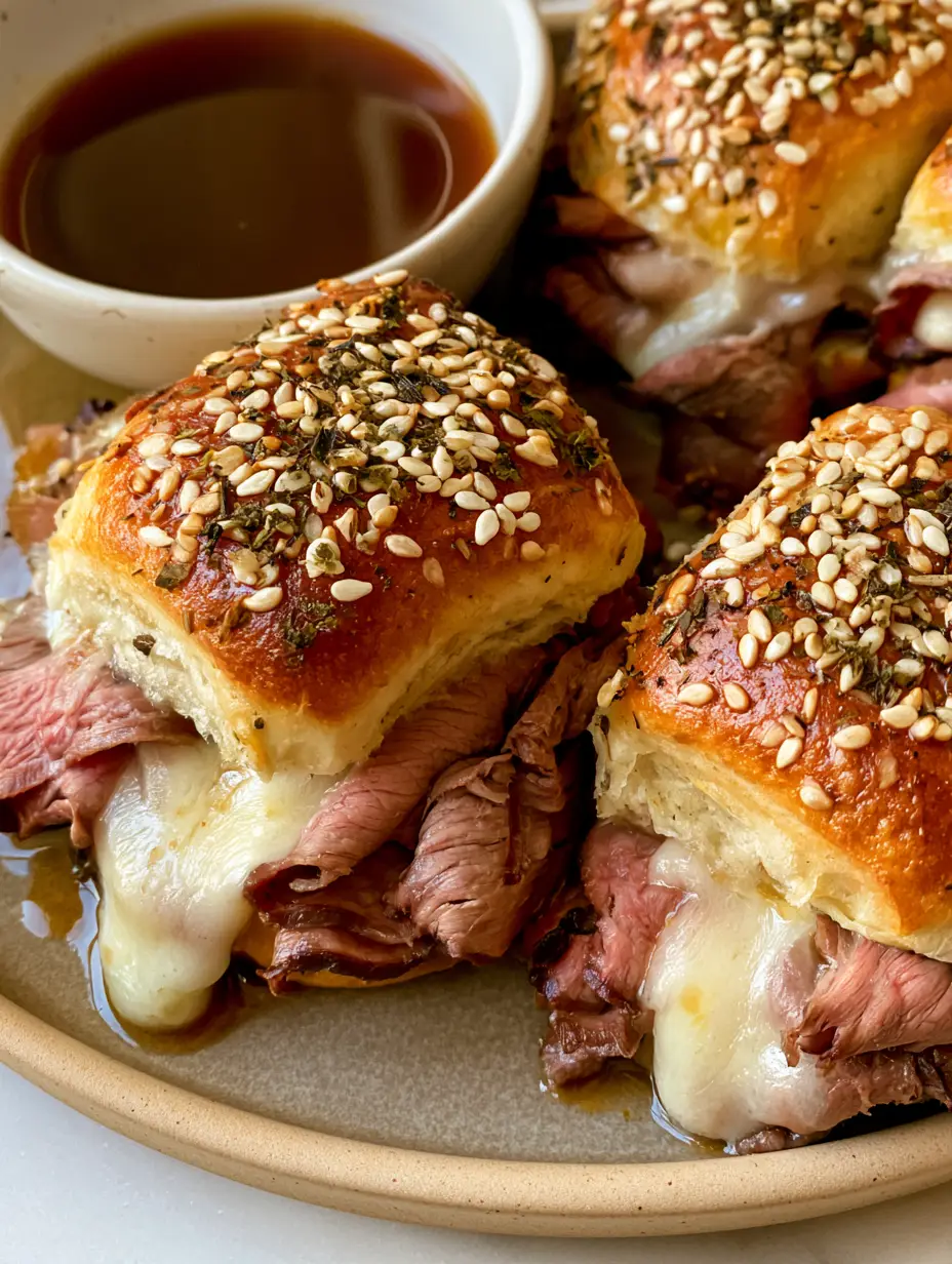 High-angle close-up of baked French Dip Sliders featuring toasted sesame seeds and herb flakes on golden buns.