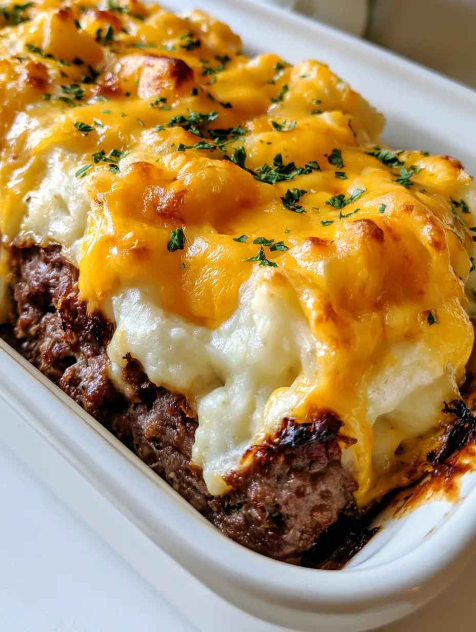 Handheld photo of a rectangular Mashed Potato Topped Meatloaf with charred edges and creamy white potatoes.