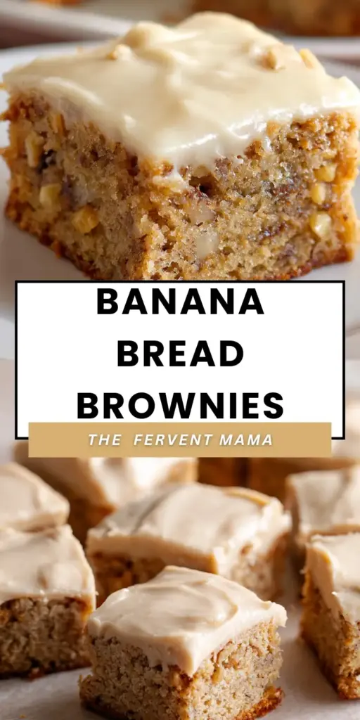 Banana Bread Brownies with Creamy Vanilla Frosting 4 A tall stack of thick-cut Banana Bread Brownies with creamy off-white frosting and a soft crumb.