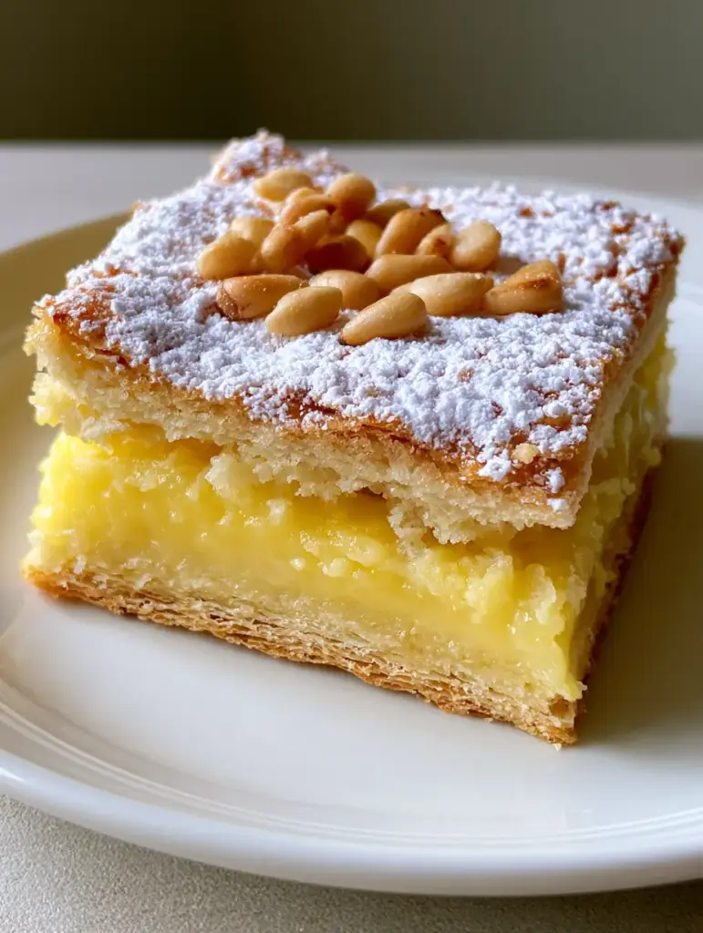 Italian Lemon Custard Cake: The Ultimate Creamy Torta della Nonna 1 Top view of Italian Lemon Custard Cake slice showing the dusting of powdered sugar and toasted pine nuts.