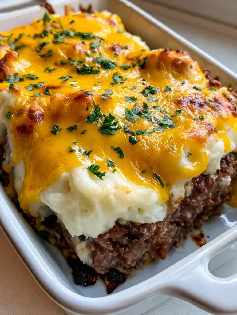 Close up of bubbly yellow cheddar cheese patches on a Mashed Potato Topped Meatloaf garnished with parsley.