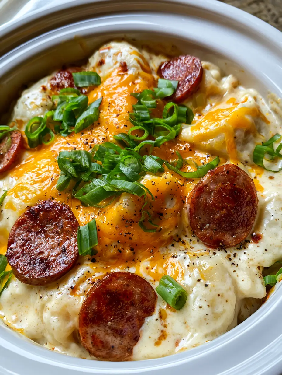 Close up photo of creamy Crockpot Pierogi Casserole showing pillowy dumplings and seared kielbasa.