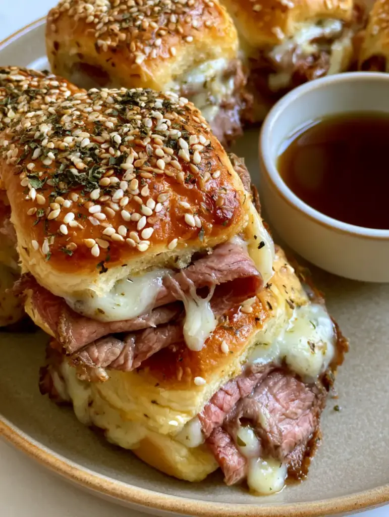 A smartphone photo of beef sliders with drooping white provolone cheese and a bowl of dark brown au jus.