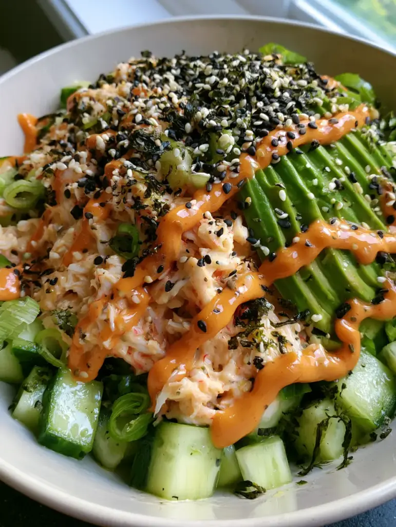 A glossy zig-zag of orange sriracha mayo over a california roll cucumber salad garnished with nori and sesame seeds.