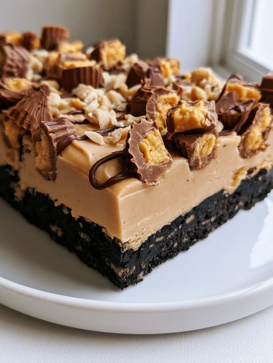 No-Bake Oreo Peanut Butter Bars with Mini PB Cup Garnish 3 Close up of No-Bake Oreo Peanut Butter Bars showing the dark cookie crust and smooth tan peanut butter layer.