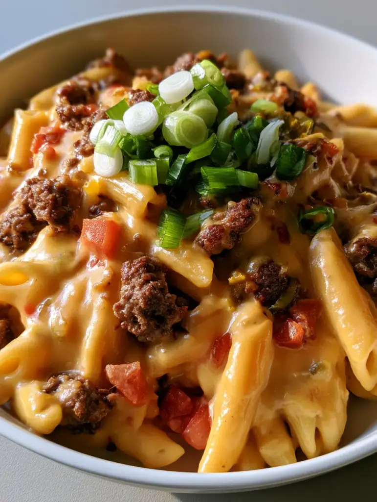 Top-down shot of Rotel Pasta garnished with fresh green and white onion rings.