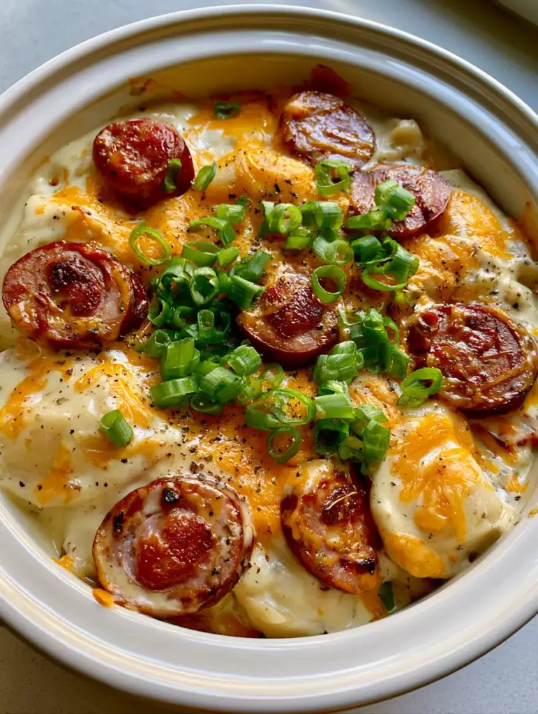 A white ceramic slow cooker filled with Crockpot Pierogi Casserole topped with bubbly orange cheese and green onions.