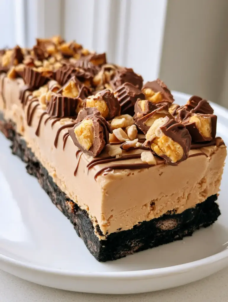 No-Bake Oreo Peanut Butter Bars with Mini PB Cup Garnish 1 A rectangular No-Bake Oreo Peanut Butter Bar garnished with mini peanut butter cups and chocolate drizzle on a white plate.