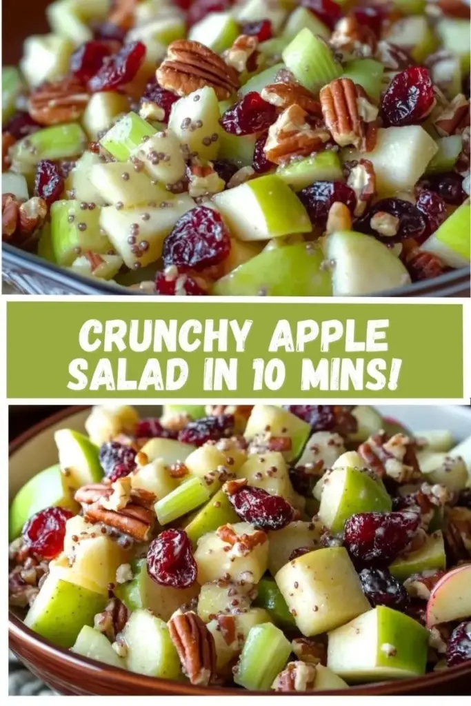 A tall pile of creamy Apple Salad in a white bowl featuring Granny Smith apples, red grapes, and toasted walnuts. (Apple Salad)