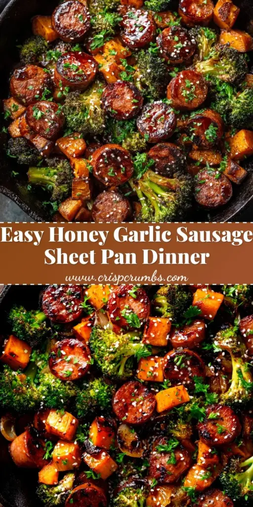 A top-down Pinterest pin showing a Honey Garlic Sausage and Sweet Potato Sheet Pan Dinner with glistening glaze, charred broccoli, and sesame seeds.