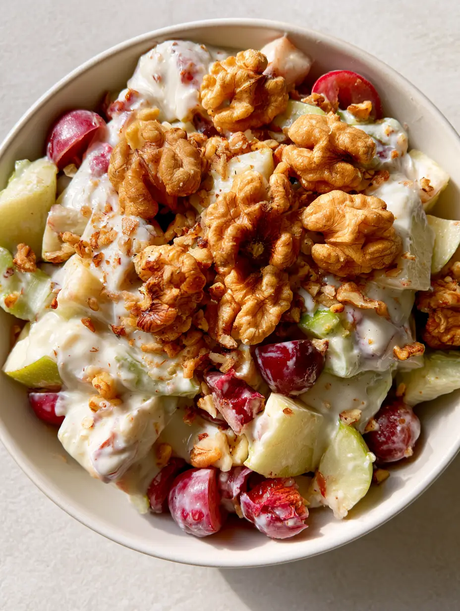 Top-down view of fresh Apple Salad with thick white dressing and large toasted walnut halves in a ceramic bowl. (Apple Salad)
