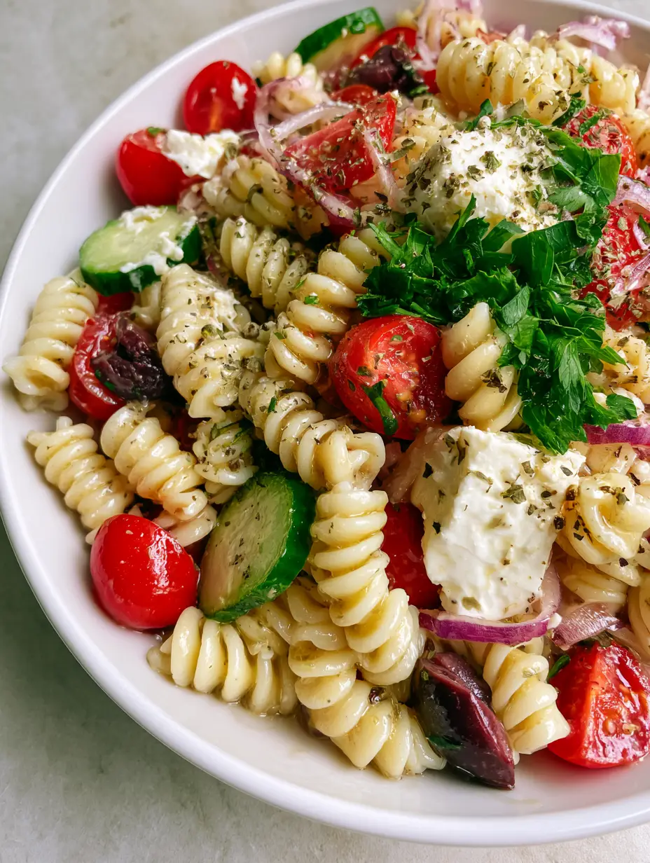 Close up of al dente rotini pasta spirals coated in a translucent herb-flecked oil dressing for a summer pasta salad.