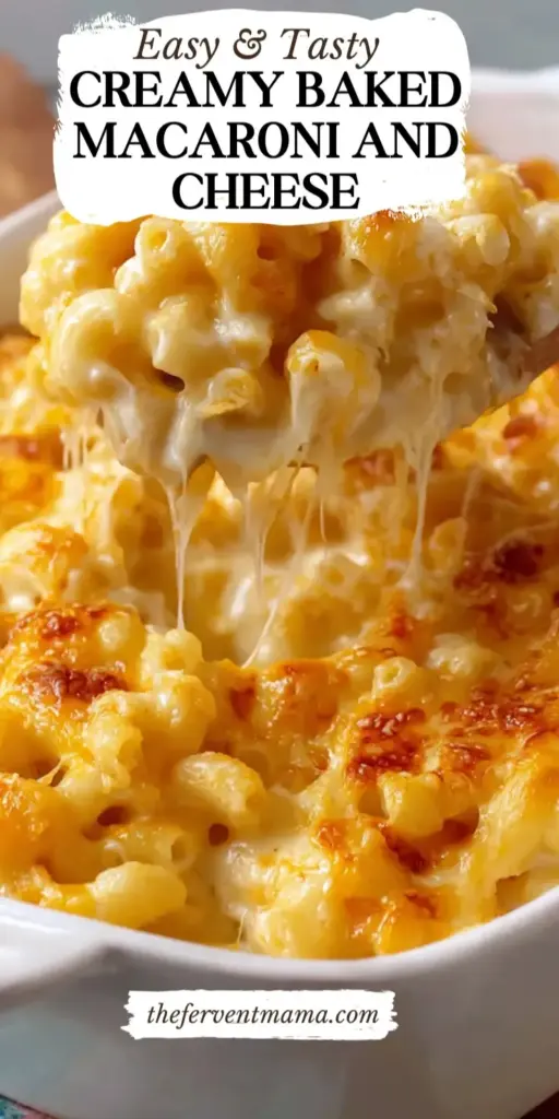 A close-up vertical shot of Baked Macaroni and Cheese in a cast iron skillet with a bubbly golden-brown crust and fresh parsley garnish.