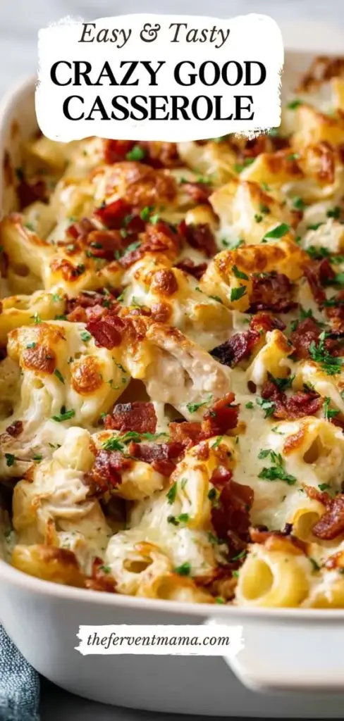 A handheld smartphone photo showing a white ceramic dish filled with Easy Chicken Casserole, featuring a thick creamy sauce and a perfectly golden-brown crushed cracker topping with parsley.