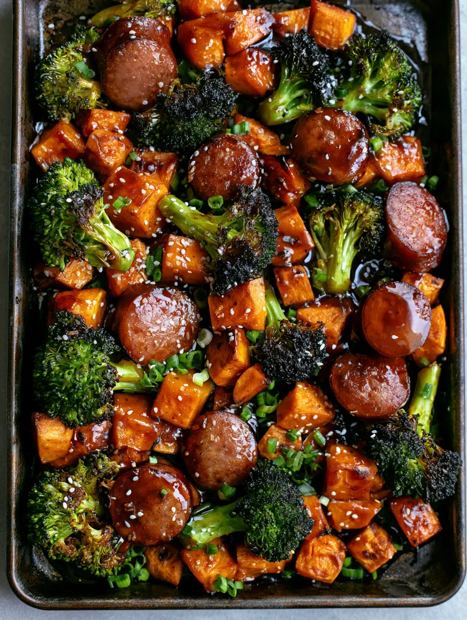 Close up of roasted orange sweet potatoes, seared sausage rounds, and bright green broccoli with charred tips on a dark baking tray. (Honey Garlic Sausage and Sweet Potato Sheet Pan Dinner)