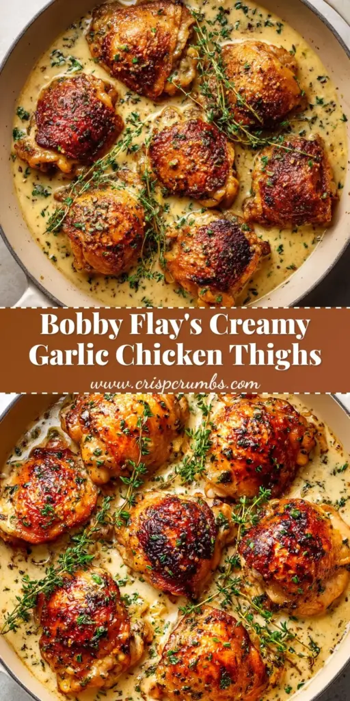 A vertical Pinterest pin showing seared bone-in Creamy Garlic Chicken Thighs in a cast iron skillet with whole garlic cloves and parsley.