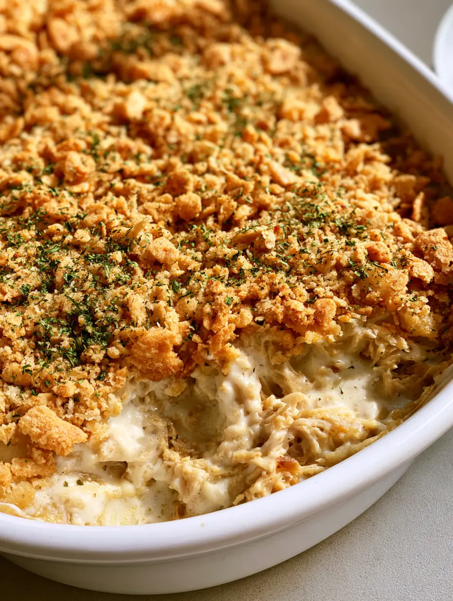 Top-down view of an Easy Chicken Casserole in a white dish, highlighting the crunchy golden cracker topping and creamy interior chicken layer.