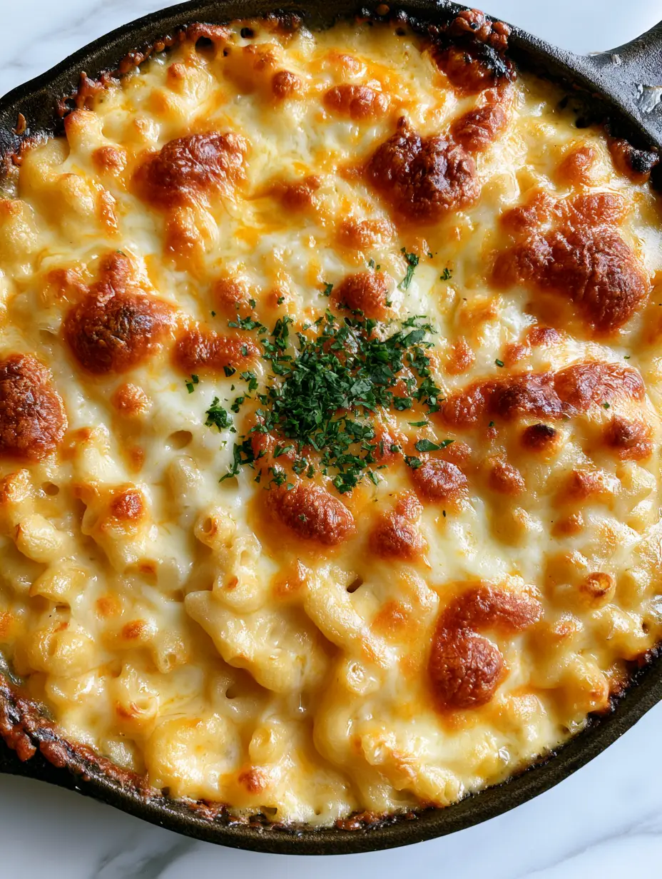 High-angle shot of Baked Macaroni and Cheese showing the thick glossy sauce and charred cheese edges in a cast iron pan.