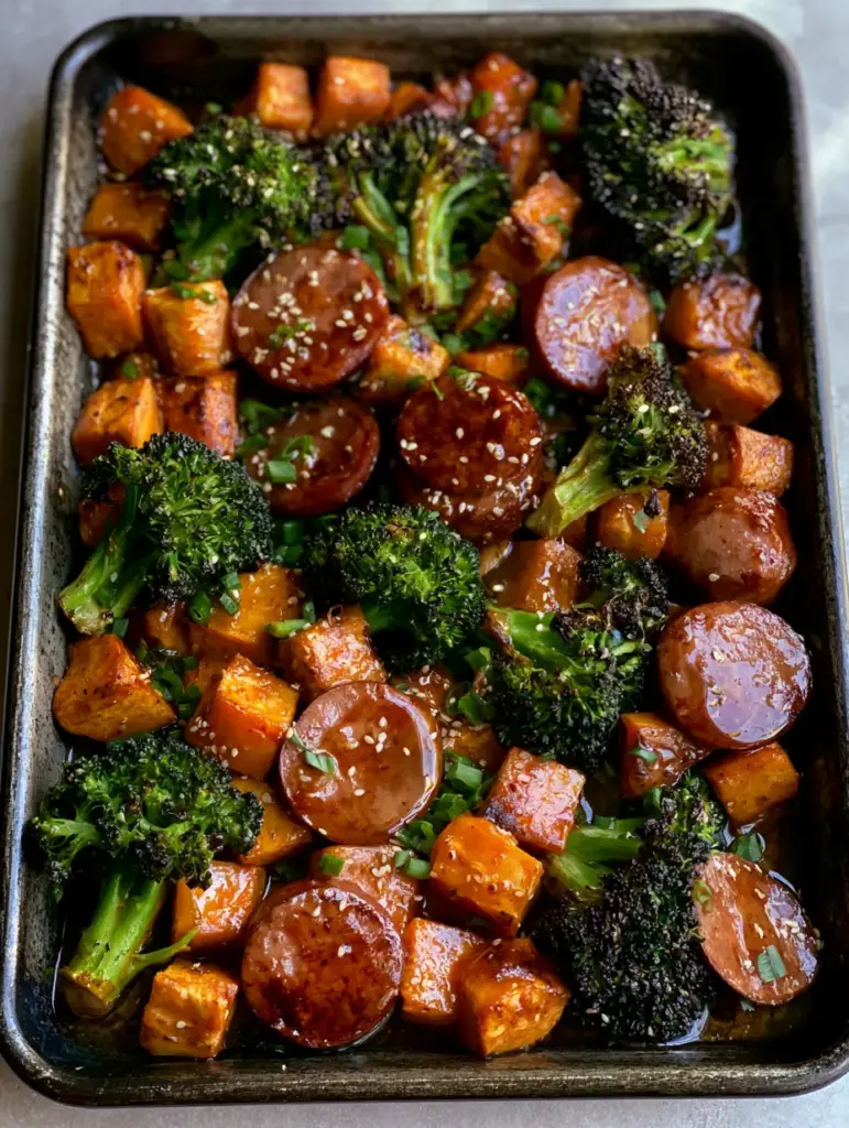 Top-down view of a rustic metal sheet pan filled with honey garlic glazed sausage, sweet potatoes, and broccoli garnished with sesame seeds.