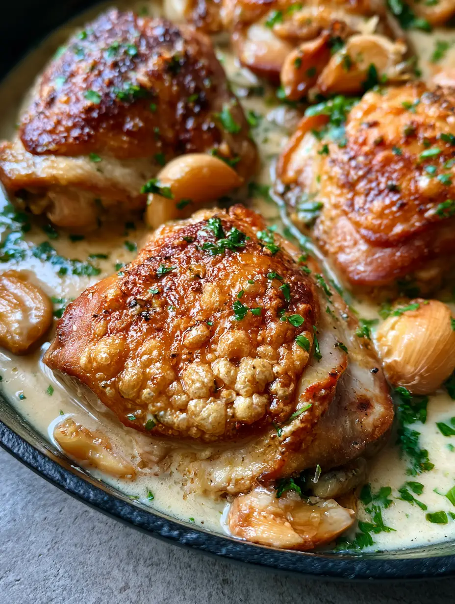 Handheld smartphone photo of seared bone-in chicken thighs with crispy golden skin in a thick white garlic cream sauce. (Creamy Garlic Chicken Thighs)