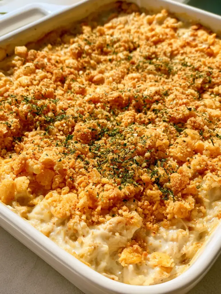 Close-up of shredded chicken in a thick creamy white sauce inside a ceramic baking dish (Easy Chicken Casserole).
