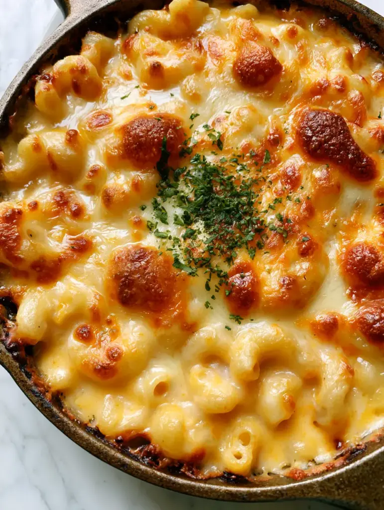 Close-up of melted cheddar and mozzarella crust on top of Baked Macaroni and Cheese with parsley dusting.