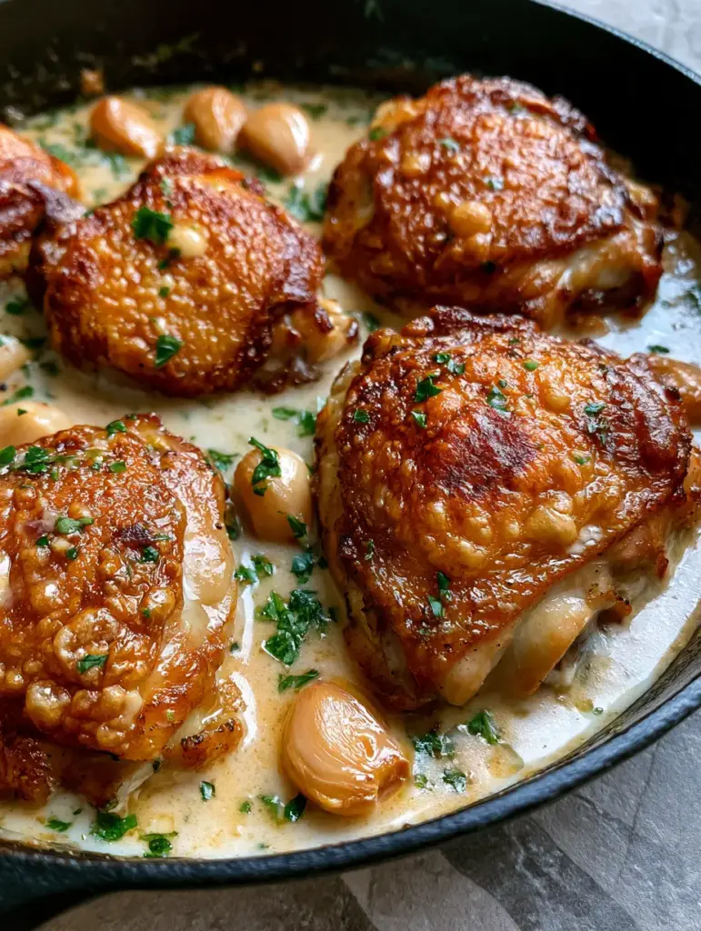Close up of browned chicken thighs in a black cast iron skillet surrounded by whole cloves of garlic and green parsley.