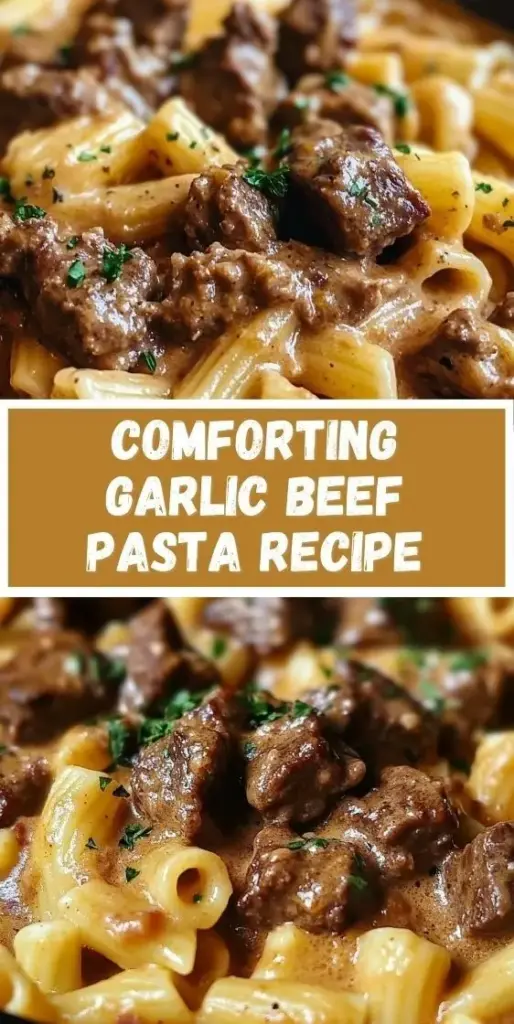Slow Cooker Garlic Beef Pasta with Creamy Sauce 3 A overhead view of a Pinterest Pin featuring Slow Cooker Garlic Beef Pasta in a white bowl with rotini and parsley.