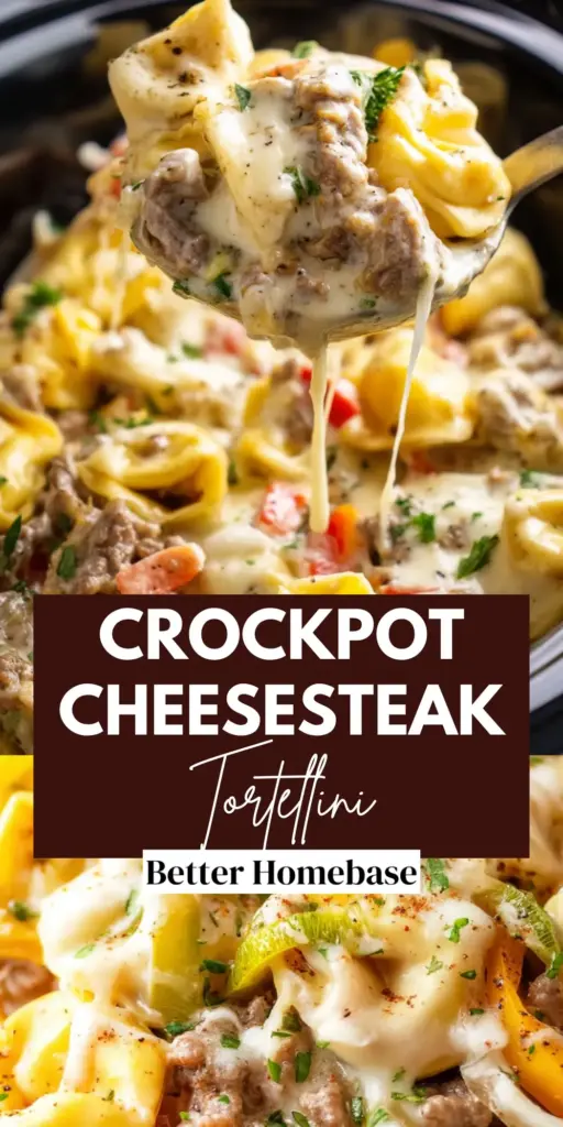 A top-down view of Crock Pot Cheesesteak Tortellini in a slow cooker, featuring creamy beige sauce and green peppers.