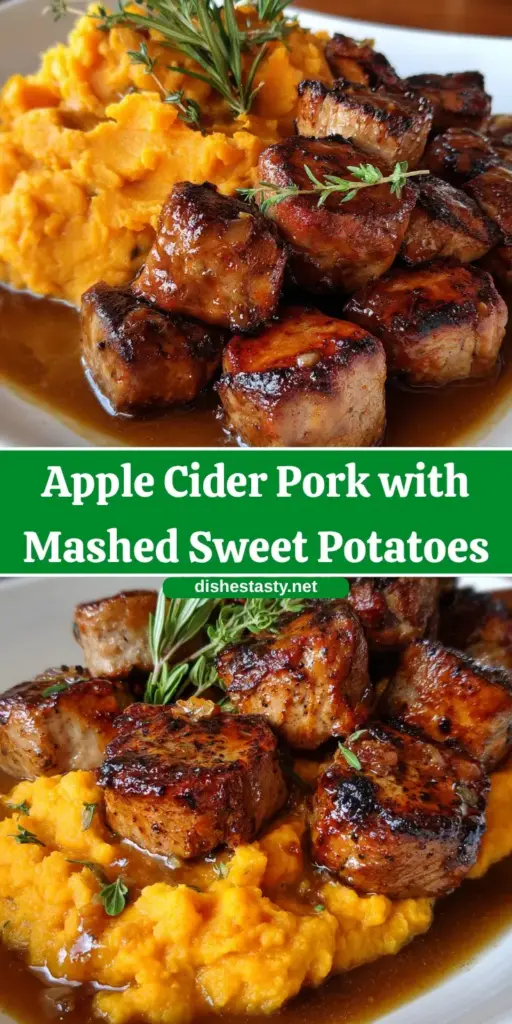 A Pinterest Pin for Apple Cider Pork showing sliced medallions over orange sweet potatoes with a glossy cider glaze.