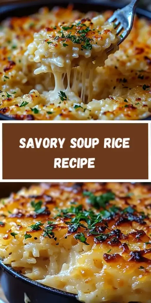 A handheld smartphone photo of a white bowl filled with French Onion Soup Rice topped with melted cheese and parsley.