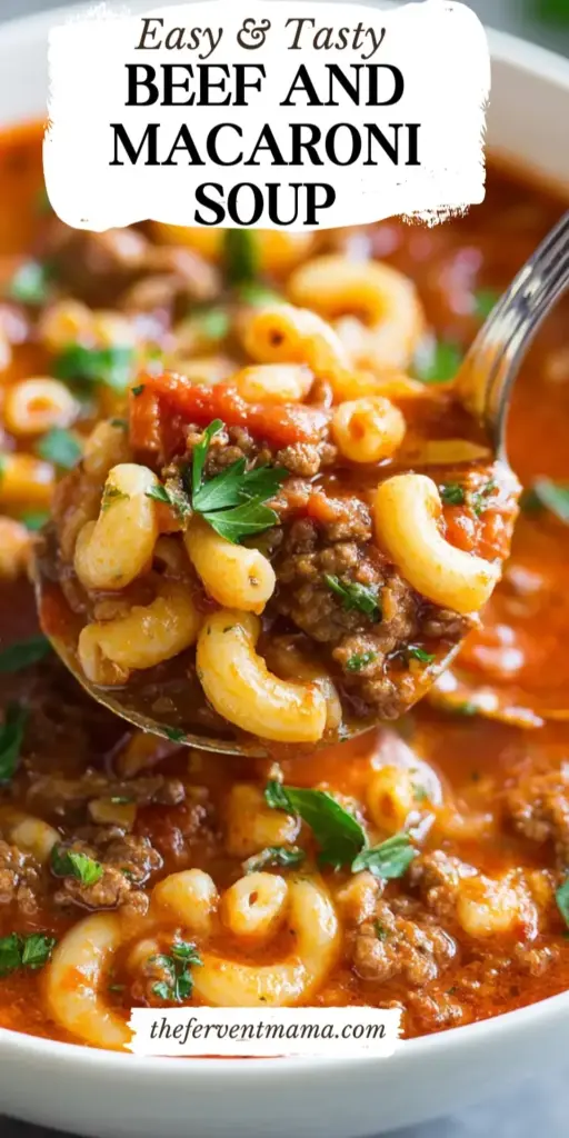 Beef and Macaroni Soup: The Ultimate Hearty One-Pot Comfort 3 A tall Pinterest pin showing a white ceramic bowl of Beef and Macaroni Soup with a deep red broth and fresh parsley garnish.